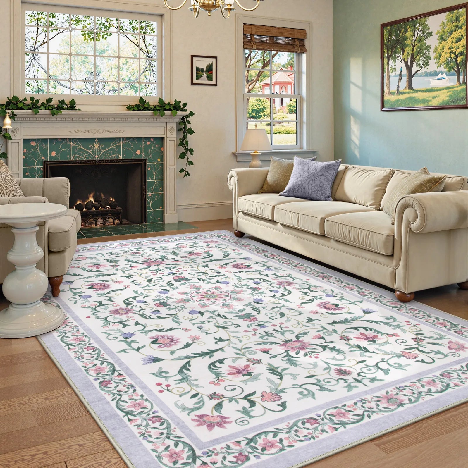 Lorevie Washable Boho vintage Garden Floral Purple Rug Rugs Lahome