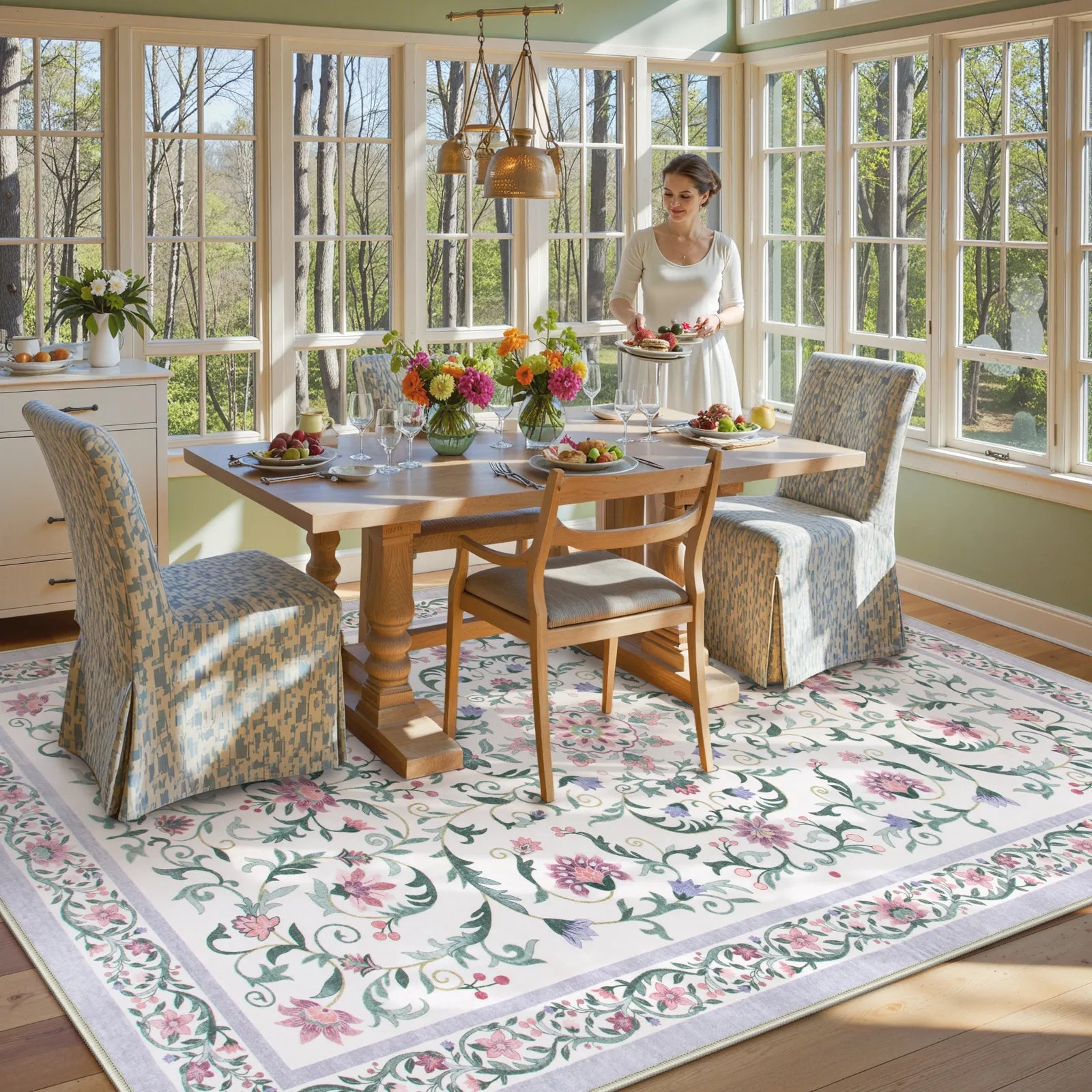 Lorevie Washable Boho vintage Garden Floral Purple Rug Rugs Lahome