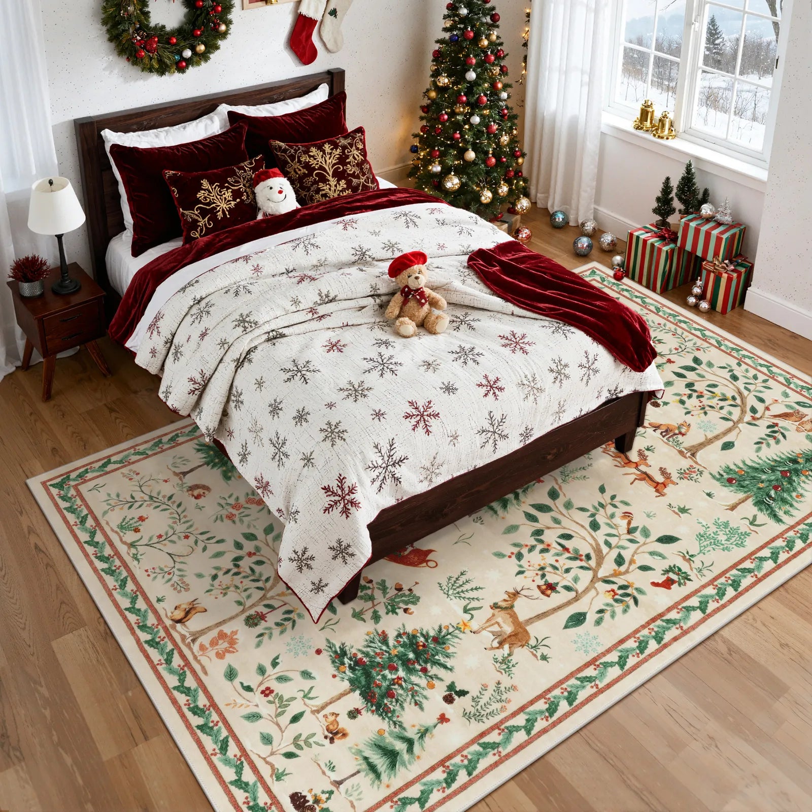 Lumiere Christmas Washable Classic Deer Woodland Beige Rug Area Rugs Lahome