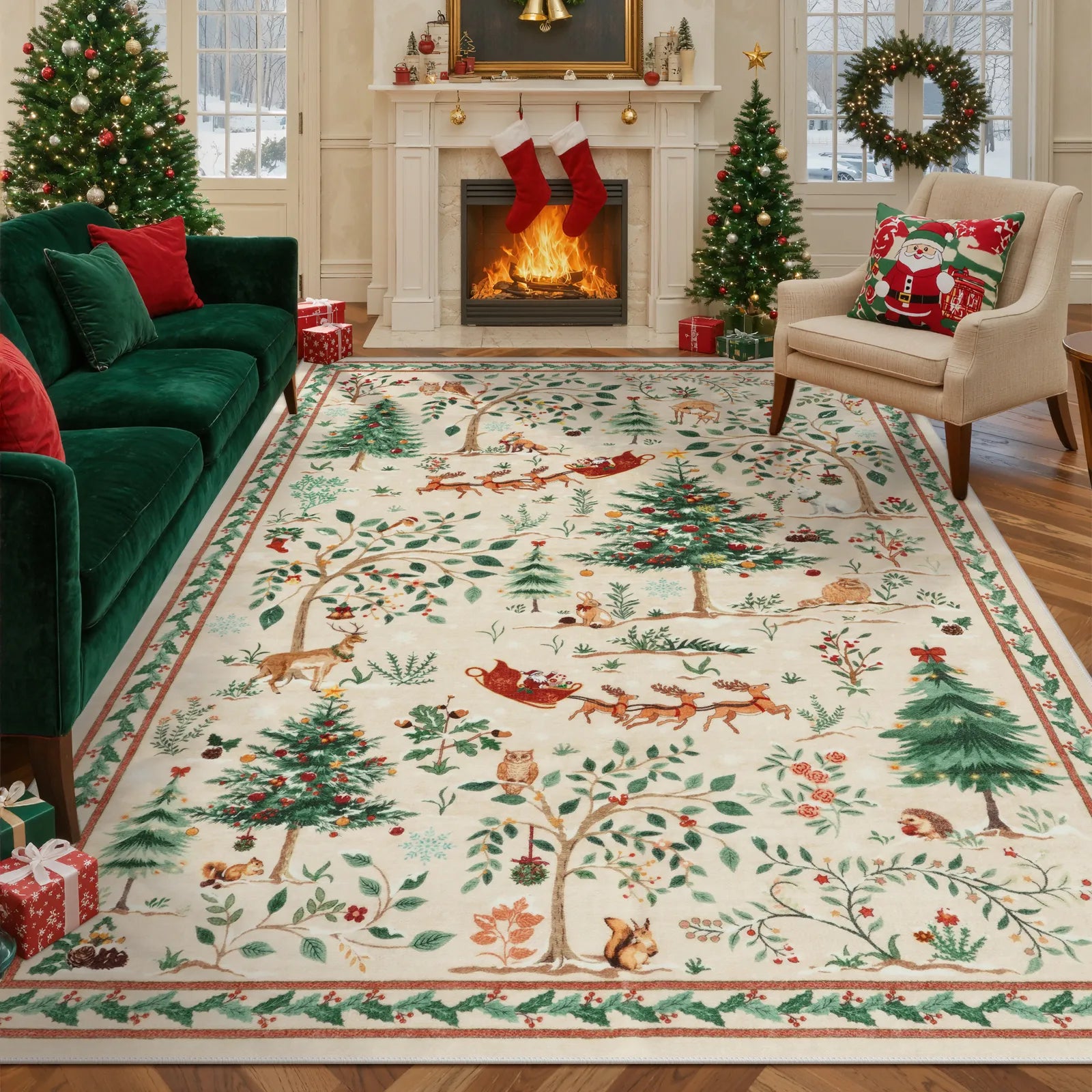 Lumiere Christmas Washable Classic Deer Woodland Beige Rug Area Rugs Lahome 8' x 10'