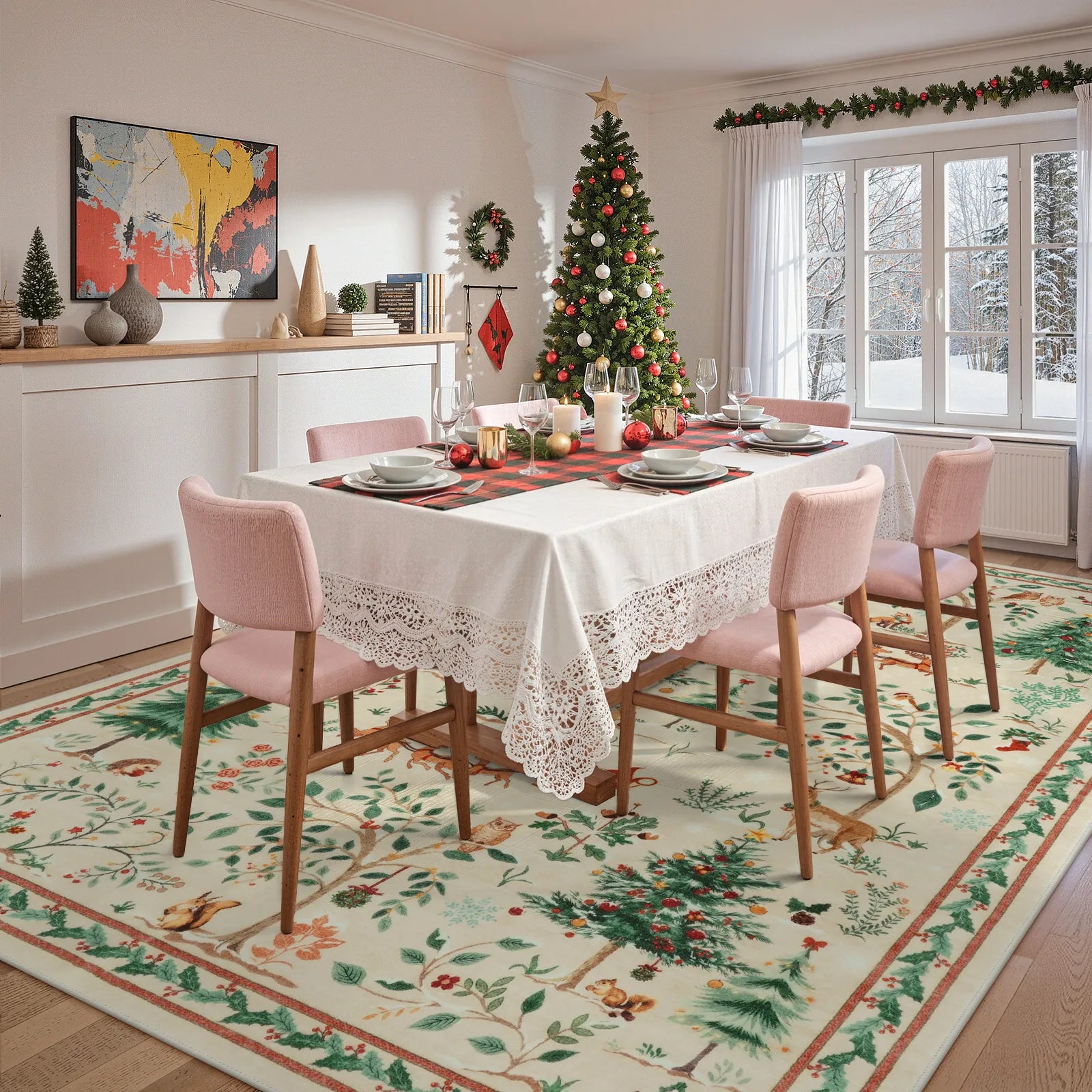 Lumiere Christmas Washable Classic Deer Woodland Beige Rug Area Rugs Lahome
