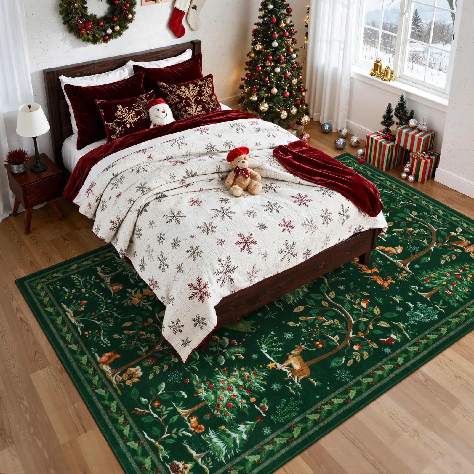 Lumiere Christmas Washable Classic Deer Woodland Green Rug Area Rugs Lahome