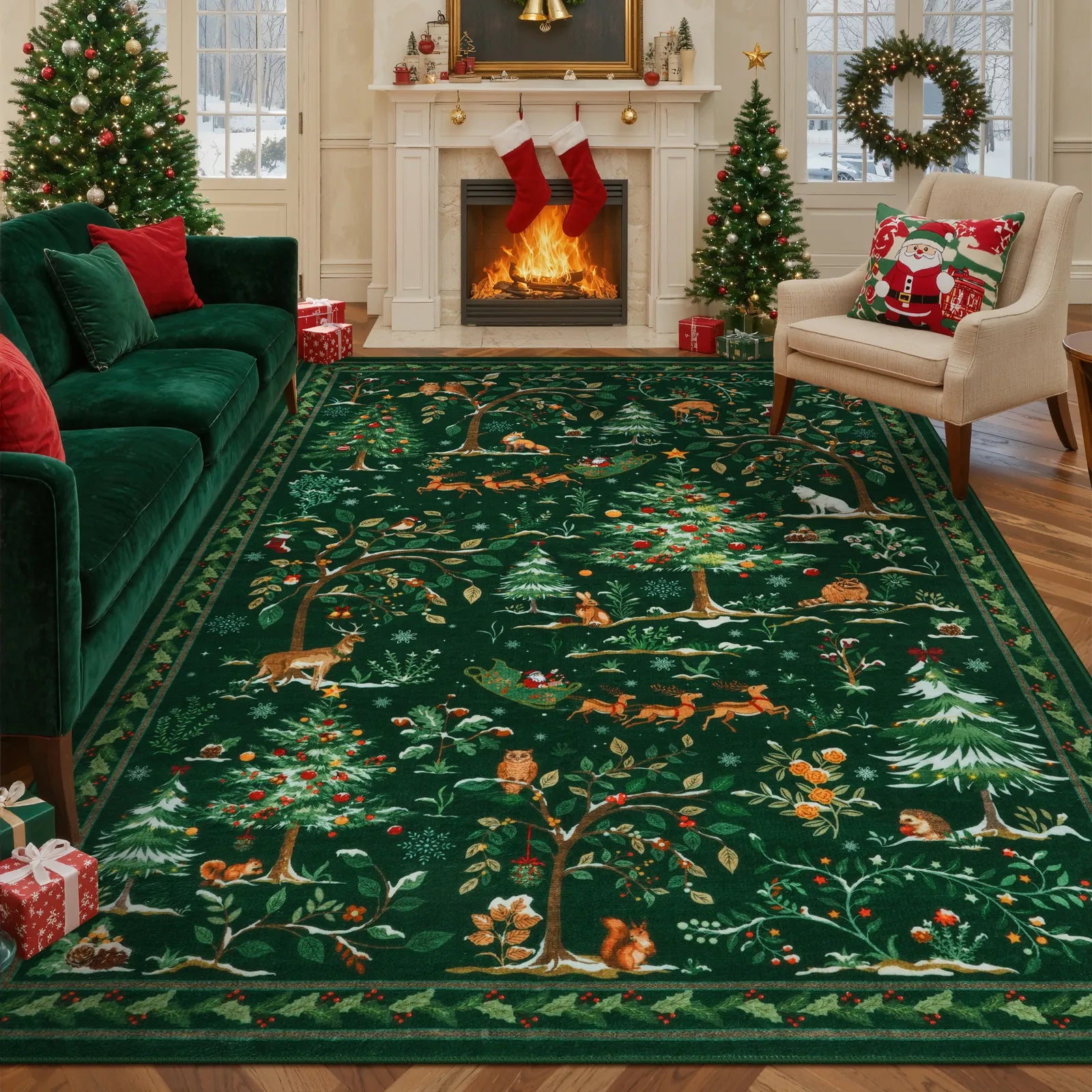Lumiere Christmas Washable Classic Deer Woodland Green Rug Area Rugs Lahome 8' x 10'