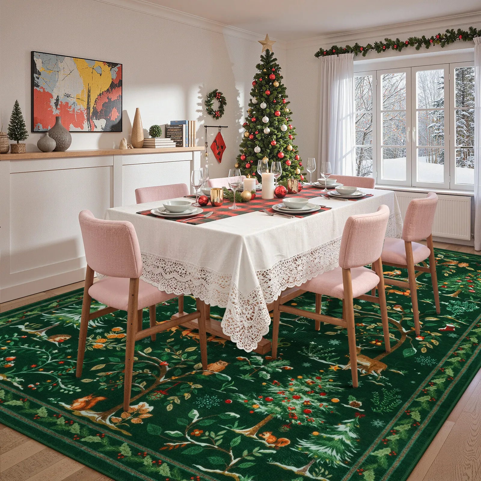 Lumiere Christmas Washable Classic Deer Woodland Green Rug Area Rugs Lahome