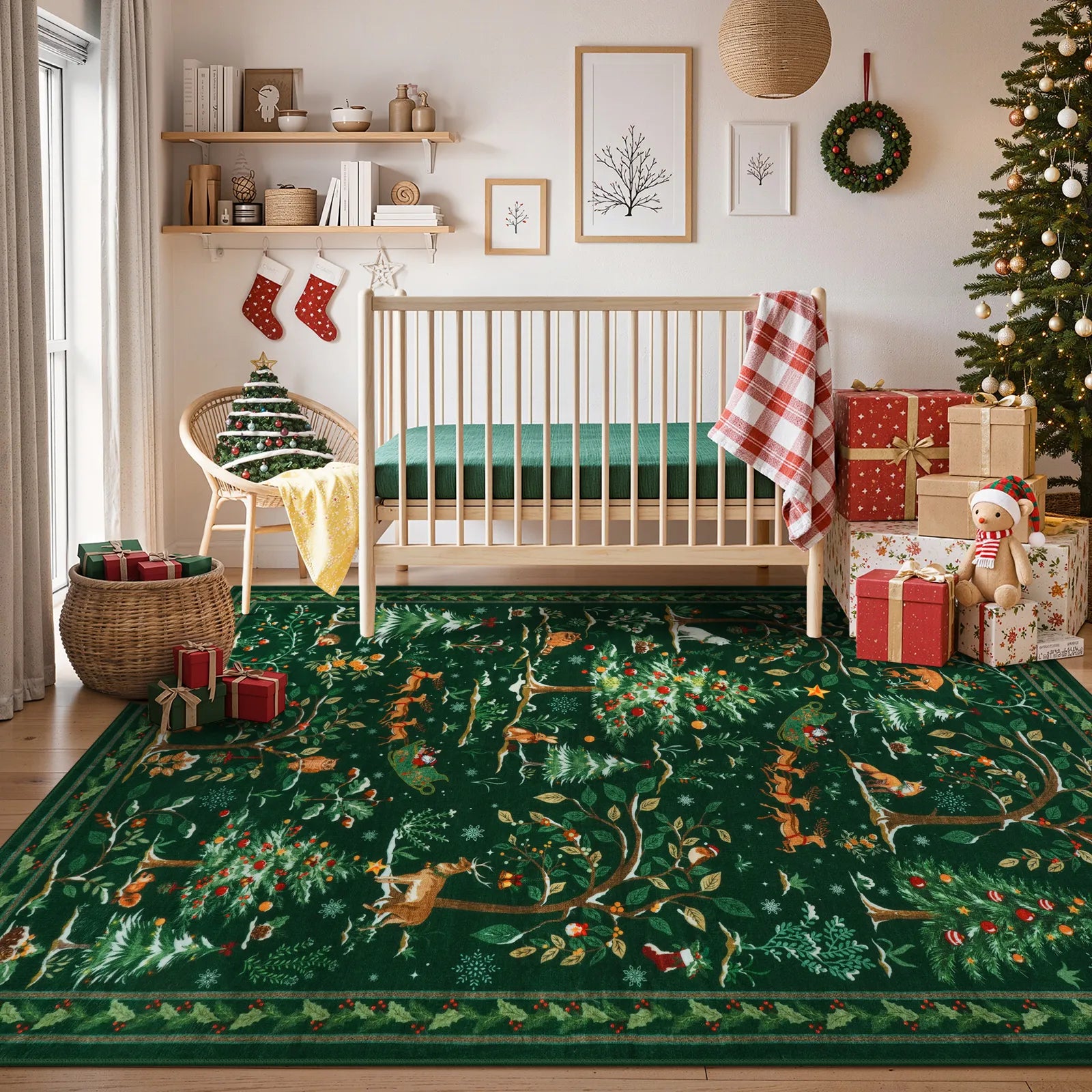 Lumiere Christmas Washable Classic Deer Woodland Green Rug Area Rugs Lahome