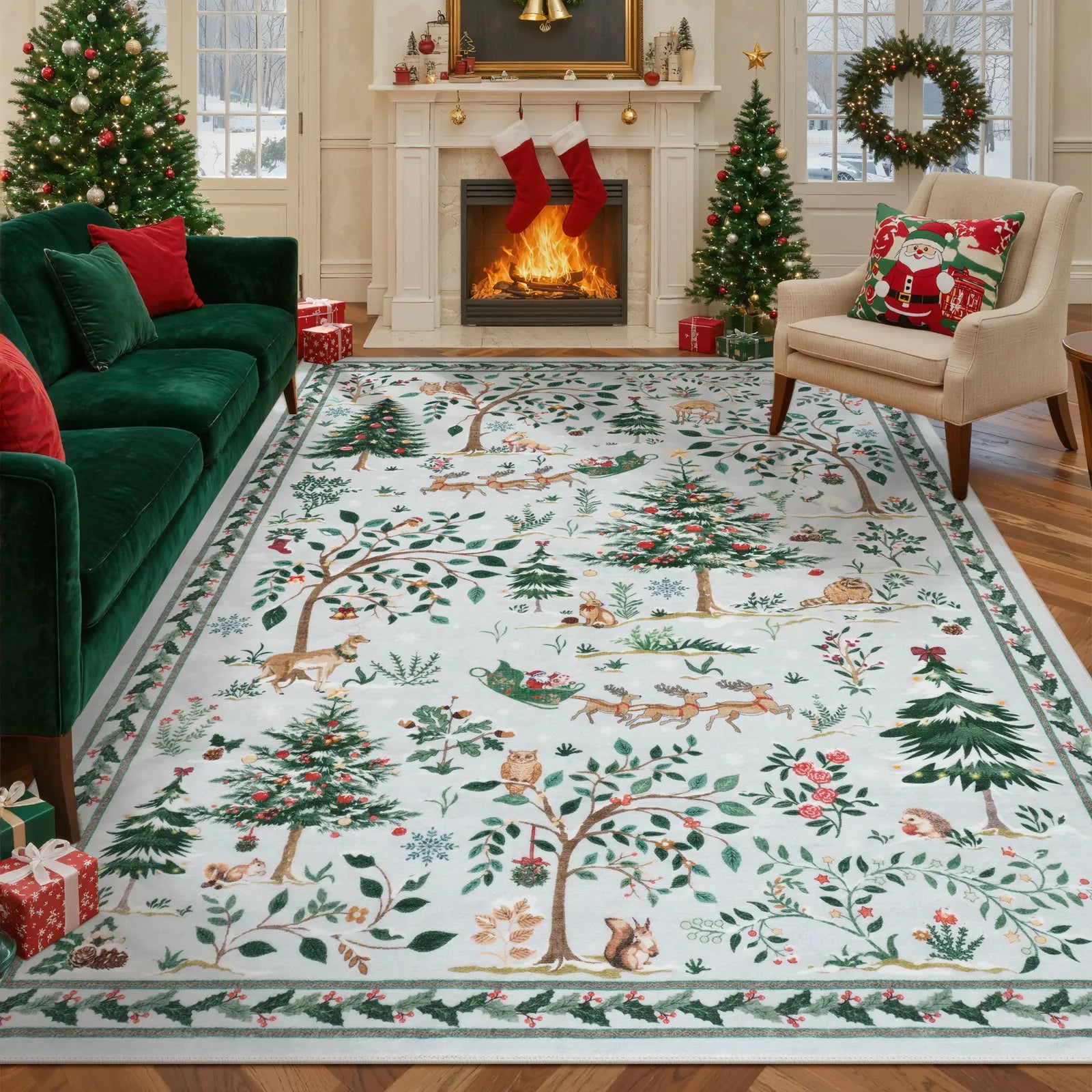 Lumiere Christmas Washable Classic Deer Woodland Grey Rug Area Rugs Lahome 8' x 10'