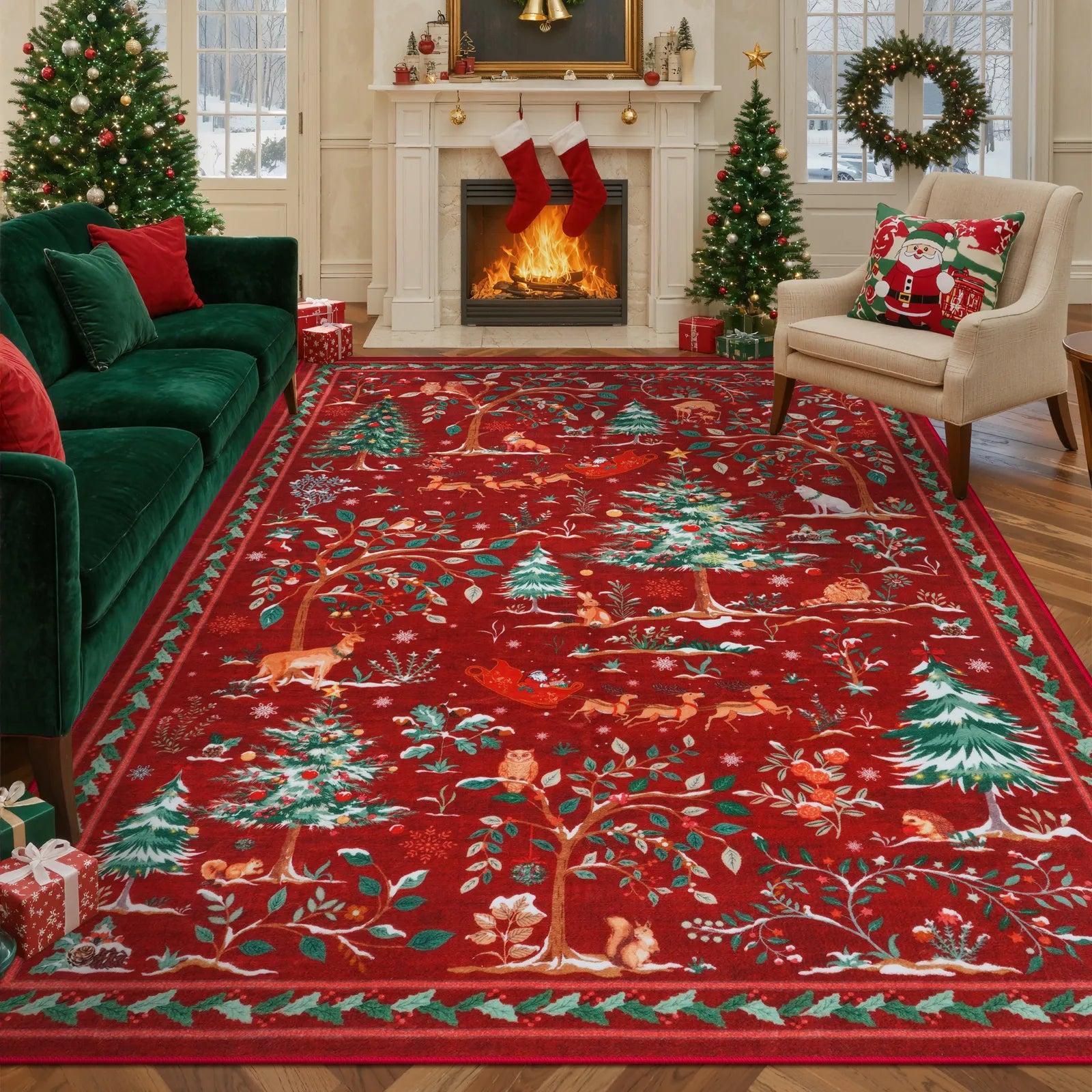 Lumiere Christmas Washable Classic Deer Woodland Red Rug Area Rugs Lahome 8' x 10'