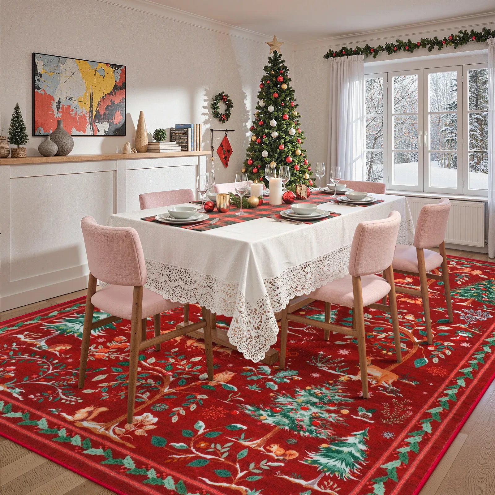 Lumiere Christmas Washable Classic Deer Woodland Red Rug Area Rugs Lahome