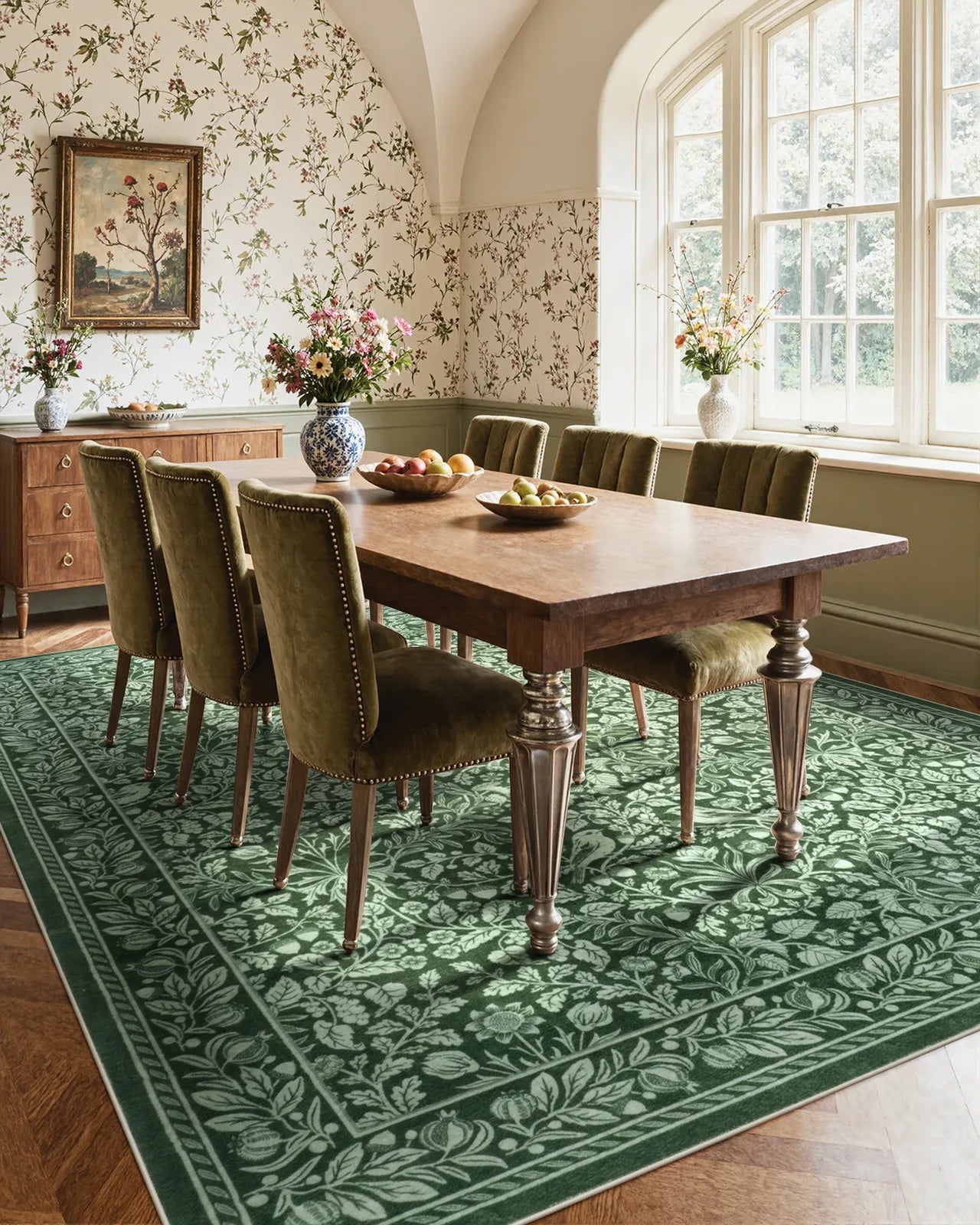 Mirage Washable Maximalism Vintage Blossom Green Rug Area Rugs Lahome