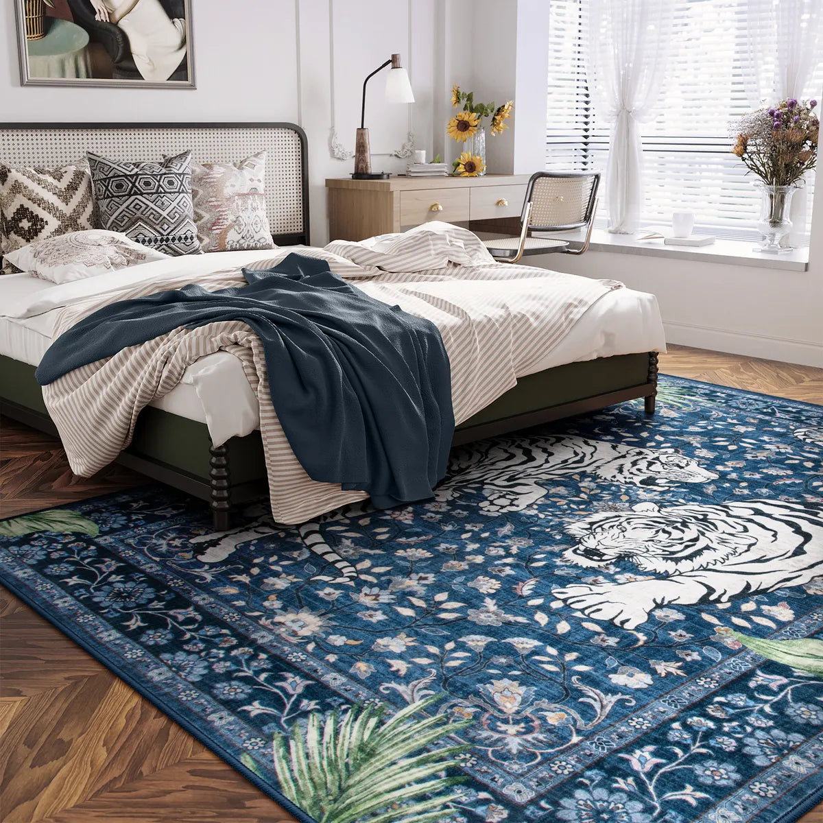 Rava Washable Wild Tiger Blue Rug Area Rugs Lahome