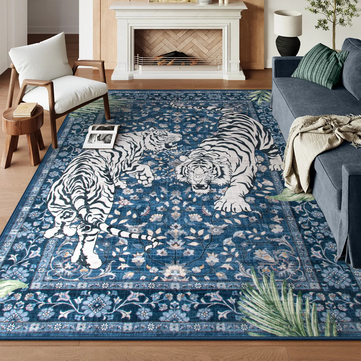 Rava Washable Wild Tiger Blue Rug Area Rugs Lahome 8' x 10'