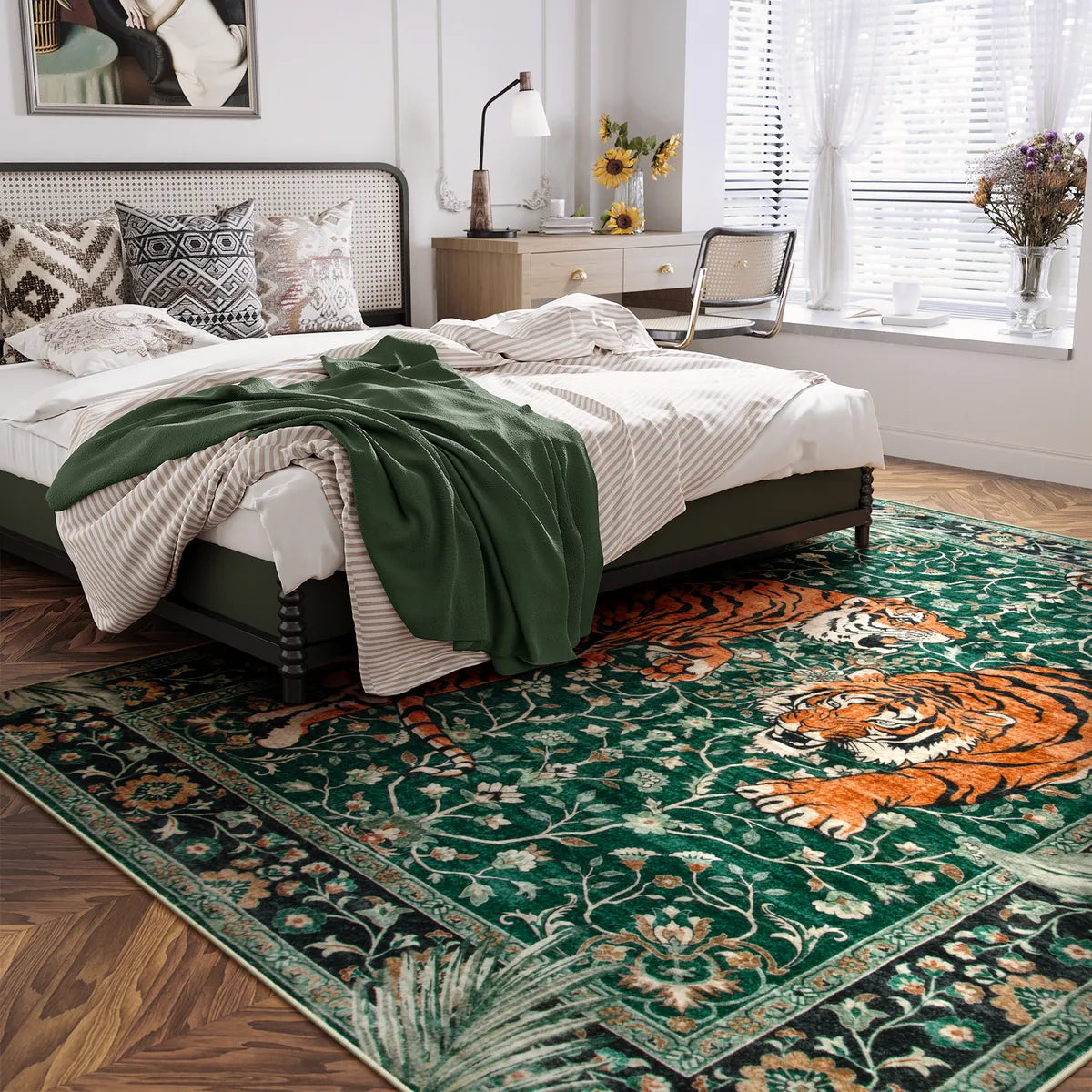 Rava Washable Wild Tiger Green Rug Area Rugs Lahome