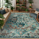 Reine Washable Bohemian Floral Medallion Dark Teal Blue Rug Clearance Rugs Lahome 8' x 10'