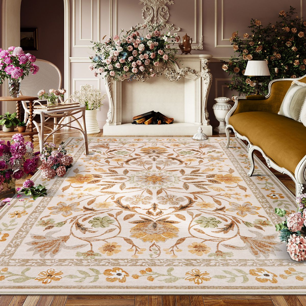 Stacy Washable Floral Vintage Botanical Ocher Rug Area Rugs Lahome