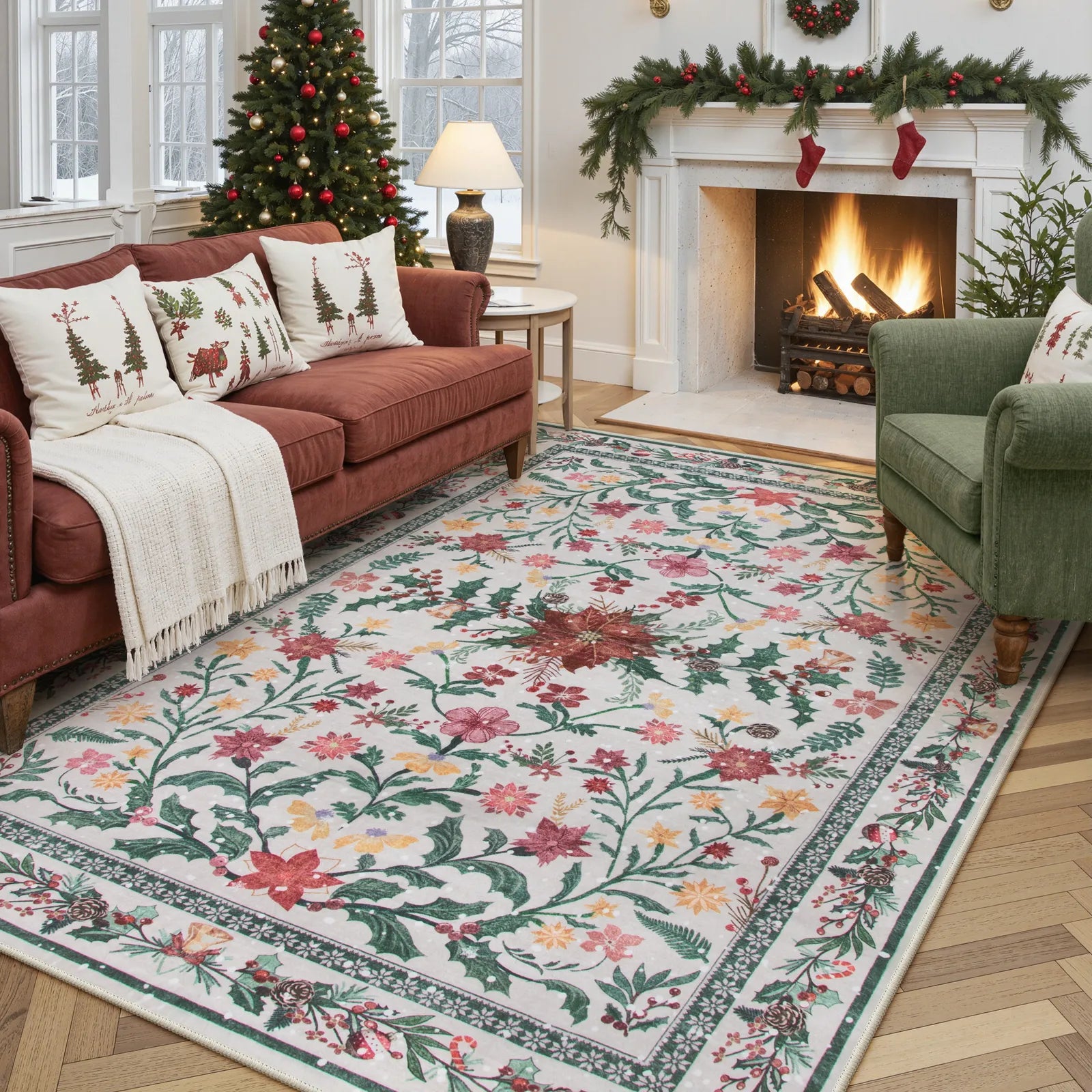 Sylvie Christmas Washable Boho Modern Parisian Garden Floral Ivory Rug Area Rugs Lahome