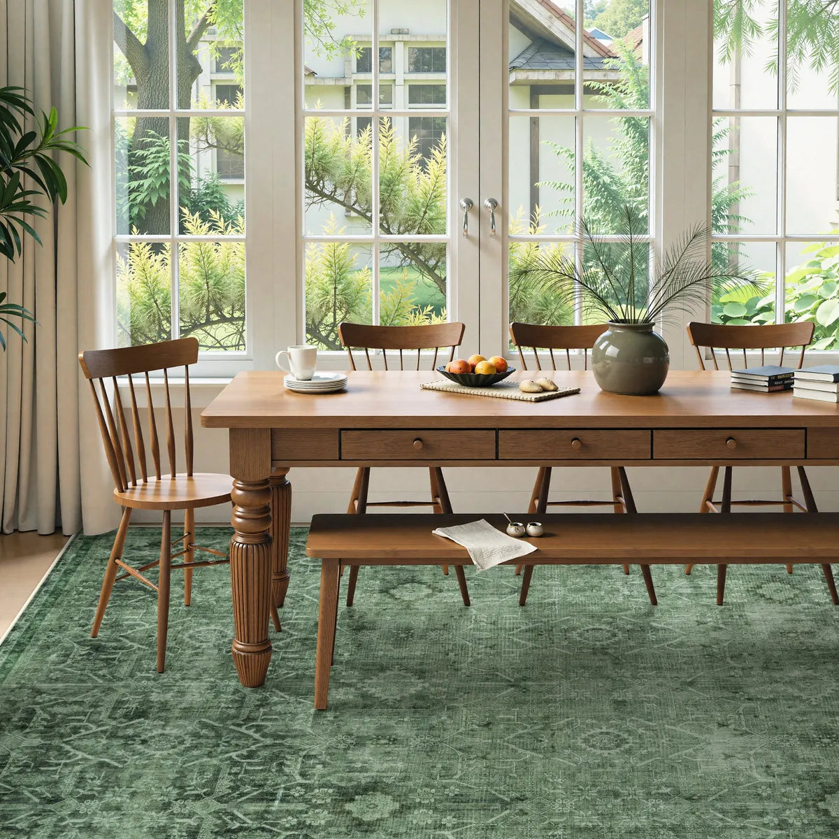 Velora Washable Vintage Dark Green Rug Area Rugs Lahome