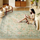 Verena Washable Vintage Floral Butterfly Sage Green Rug Area Rugs Lahome 8' x 10'