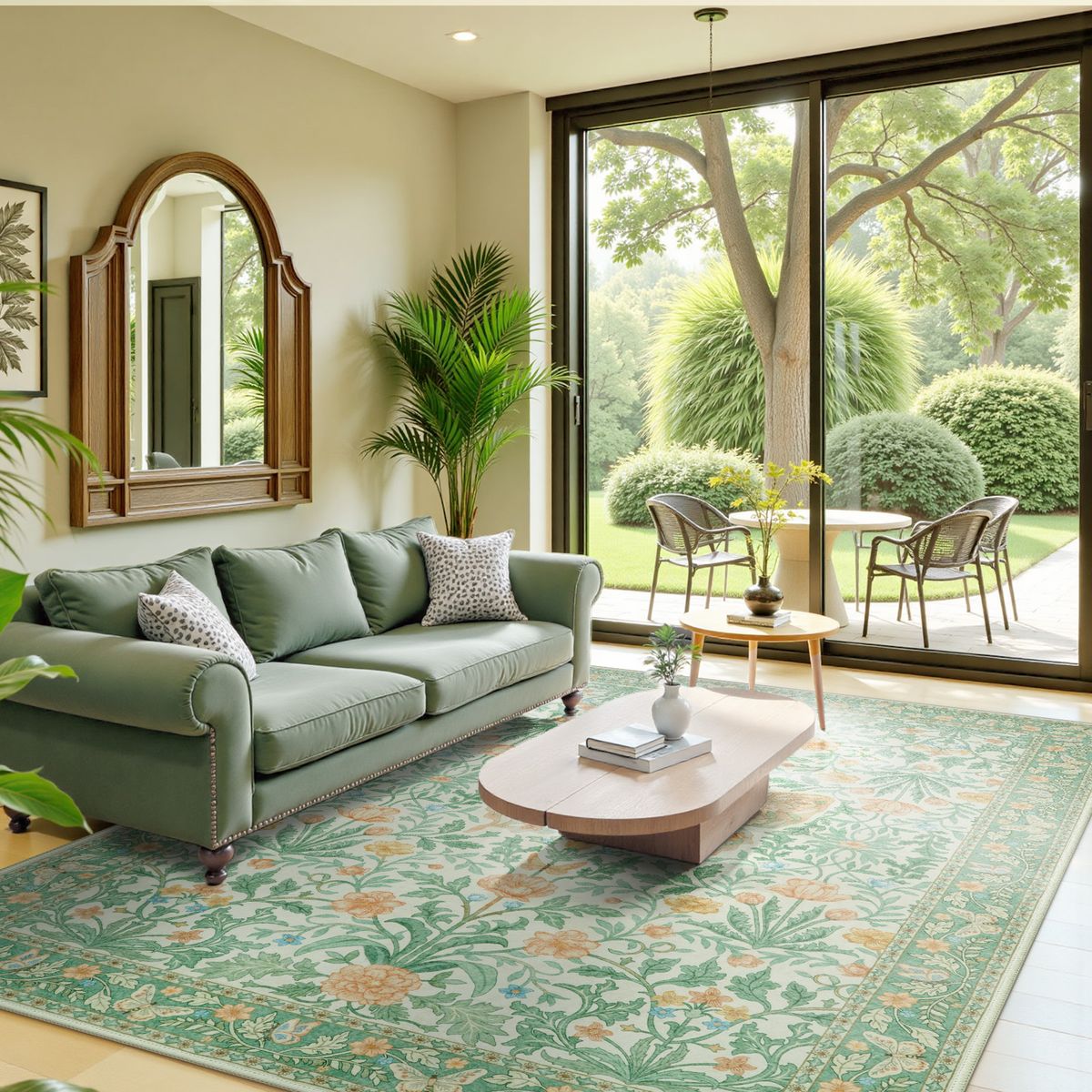 Verena Washable Vintage Floral Butterfly Light-Green Rug Area Rugs Lahome