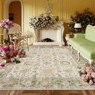 Aurelie Washable Vintage Boho Floral Green Rug Area Rugs Lahome