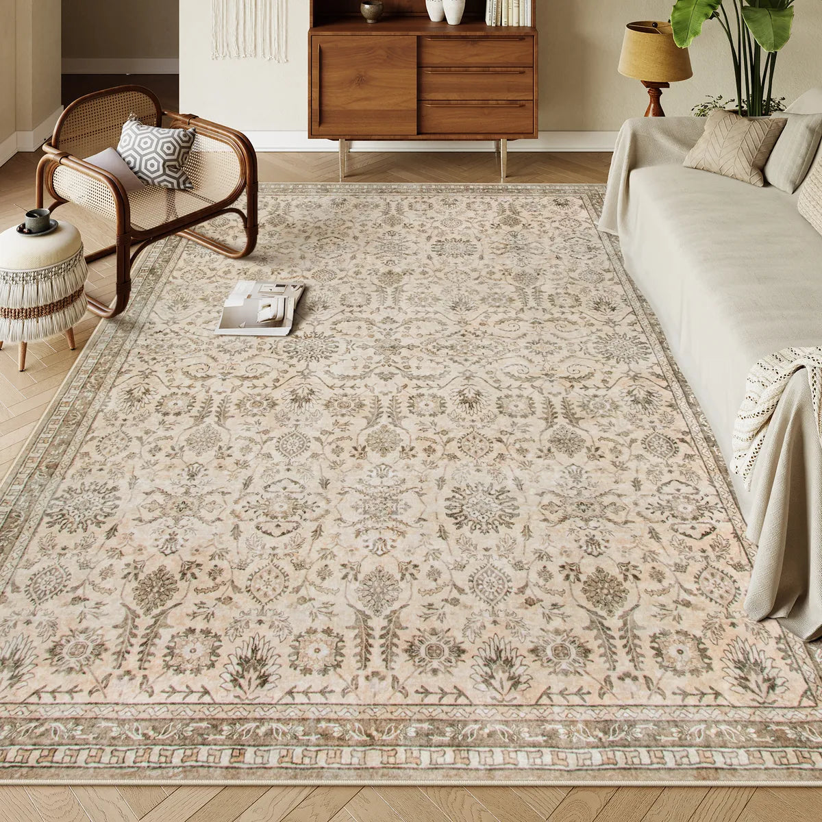 Mirae Washable Vintage Persian Ivory Rug Area Rugs Lahome 5' x 7'
