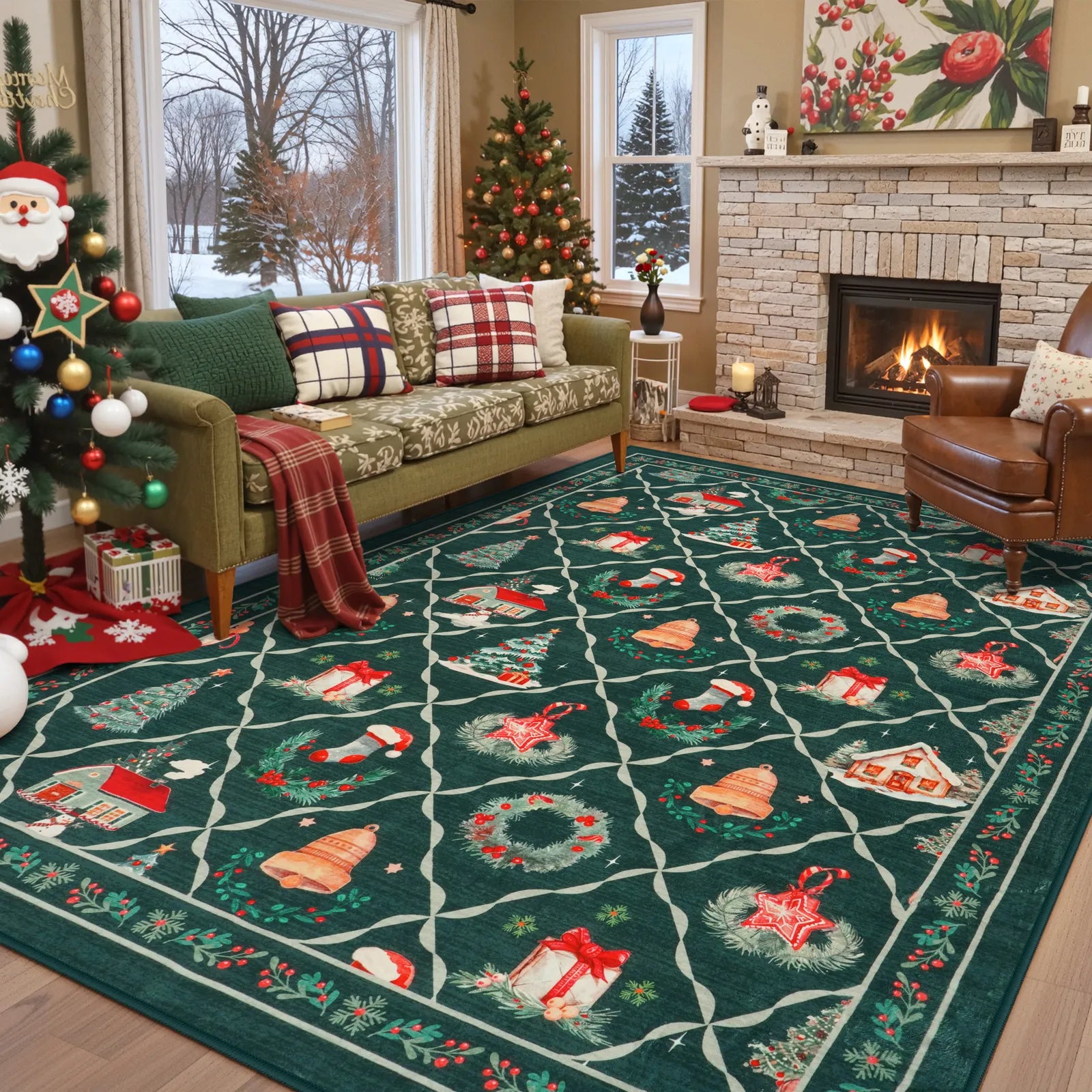Ondule Christmas Washable Wreath Tree Plaid Ivory Green Rug Area Rugs Lahome 8' x 10'