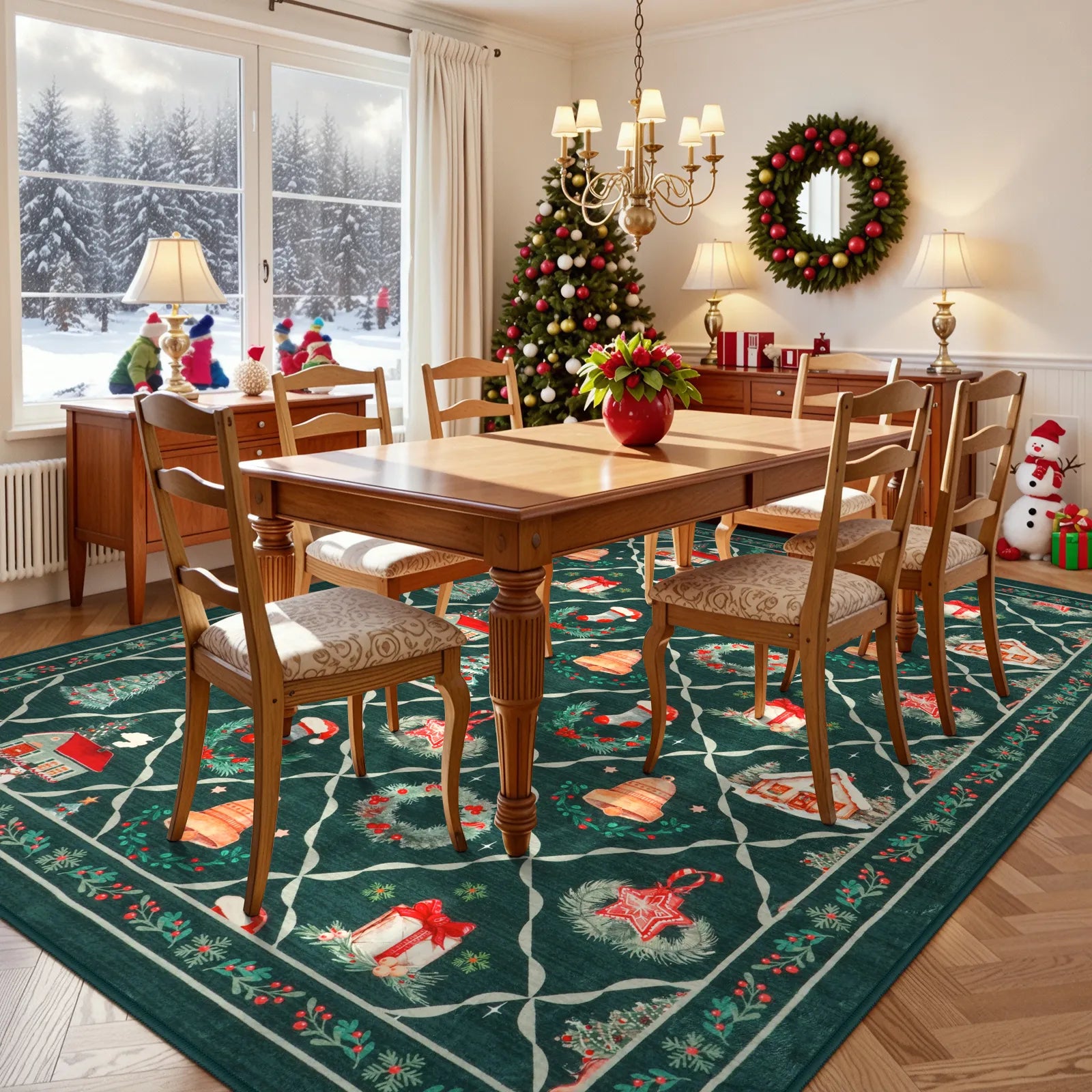 Ondule Christmas Washable Wreath Tree Plaid Ivory Green Rug Area Rugs Lahome