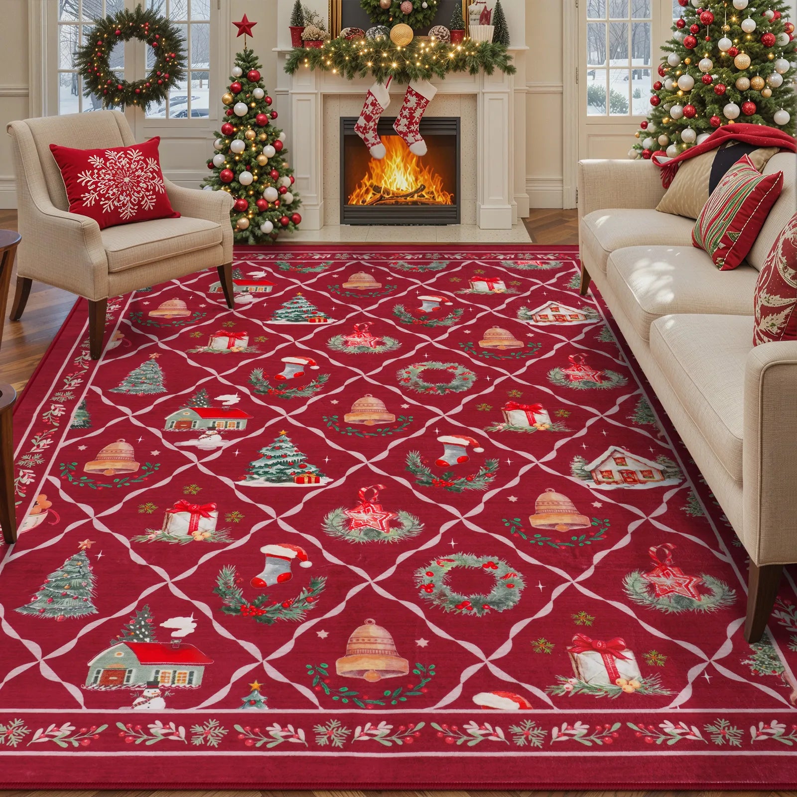 Ondule Christmas Washable Wreath Tree Plaid Ivory Red Rug Area Rugs Lahome