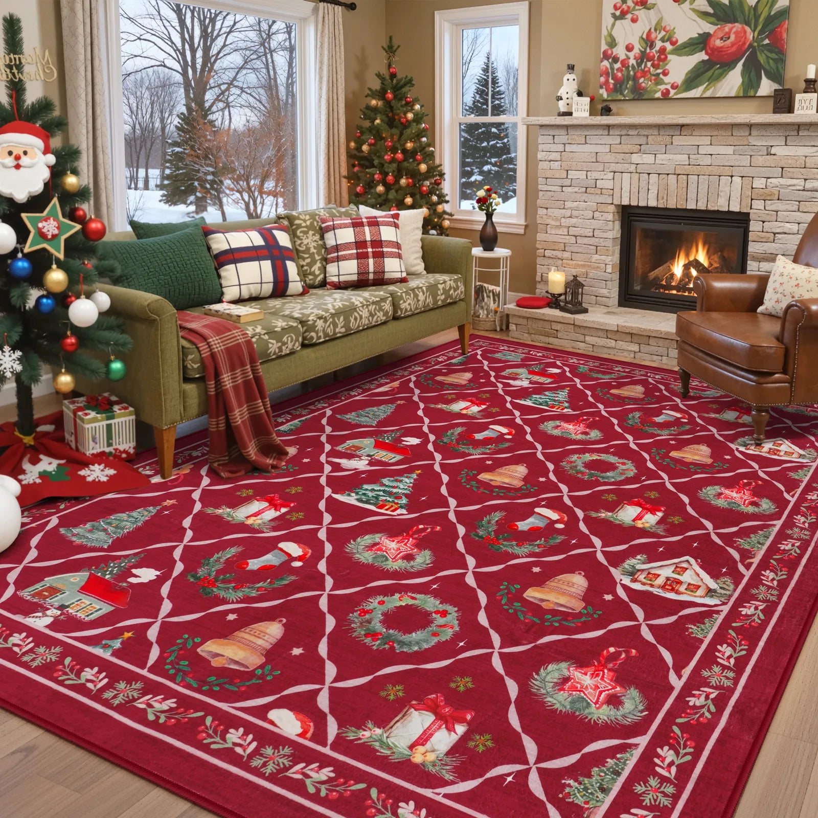 Ondule Christmas Washable Wreath Tree Plaid Ivory Red Rug Area Rugs Lahome