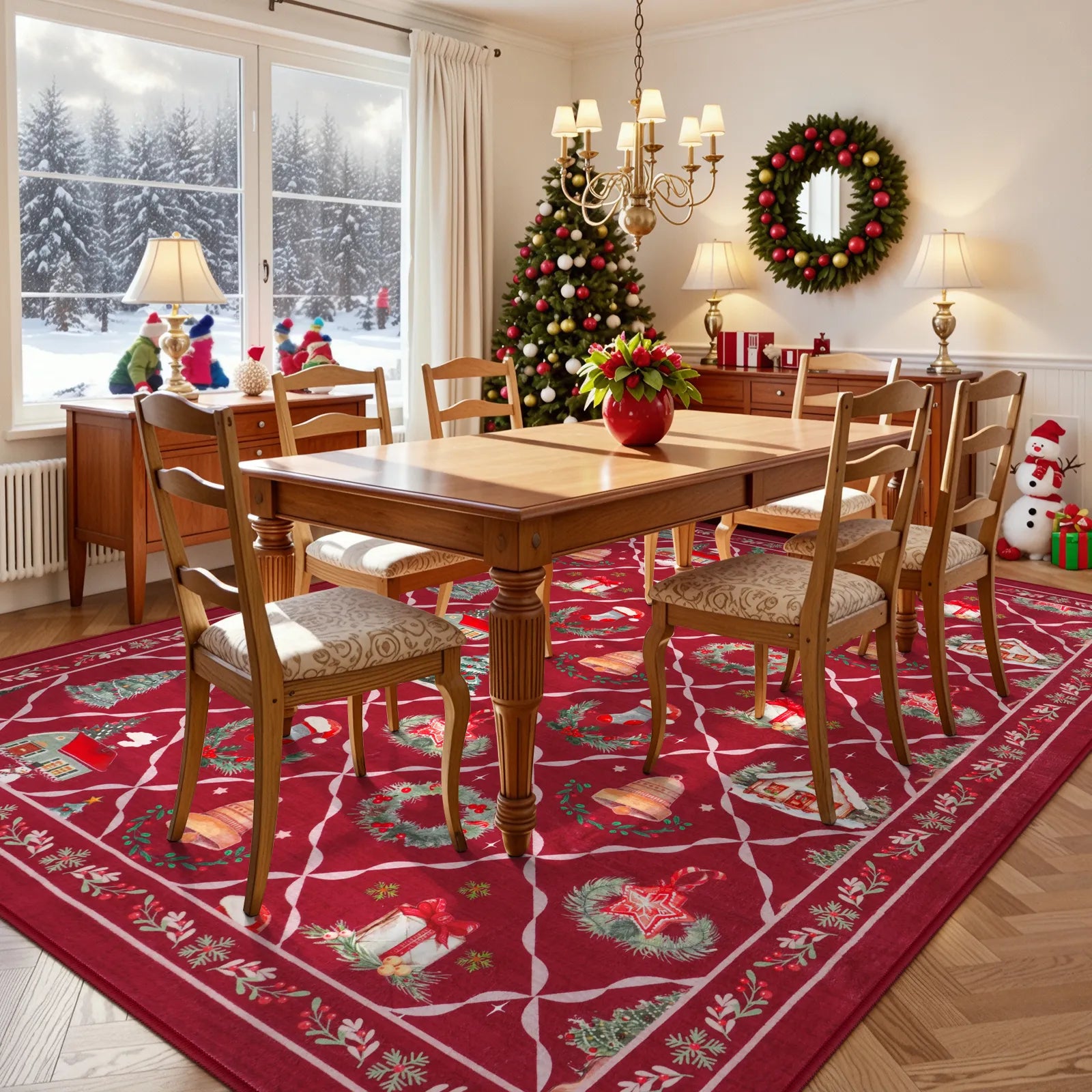 Ondule Christmas Washable Wreath Tree Plaid Ivory Red Rug Area Rugs Lahome