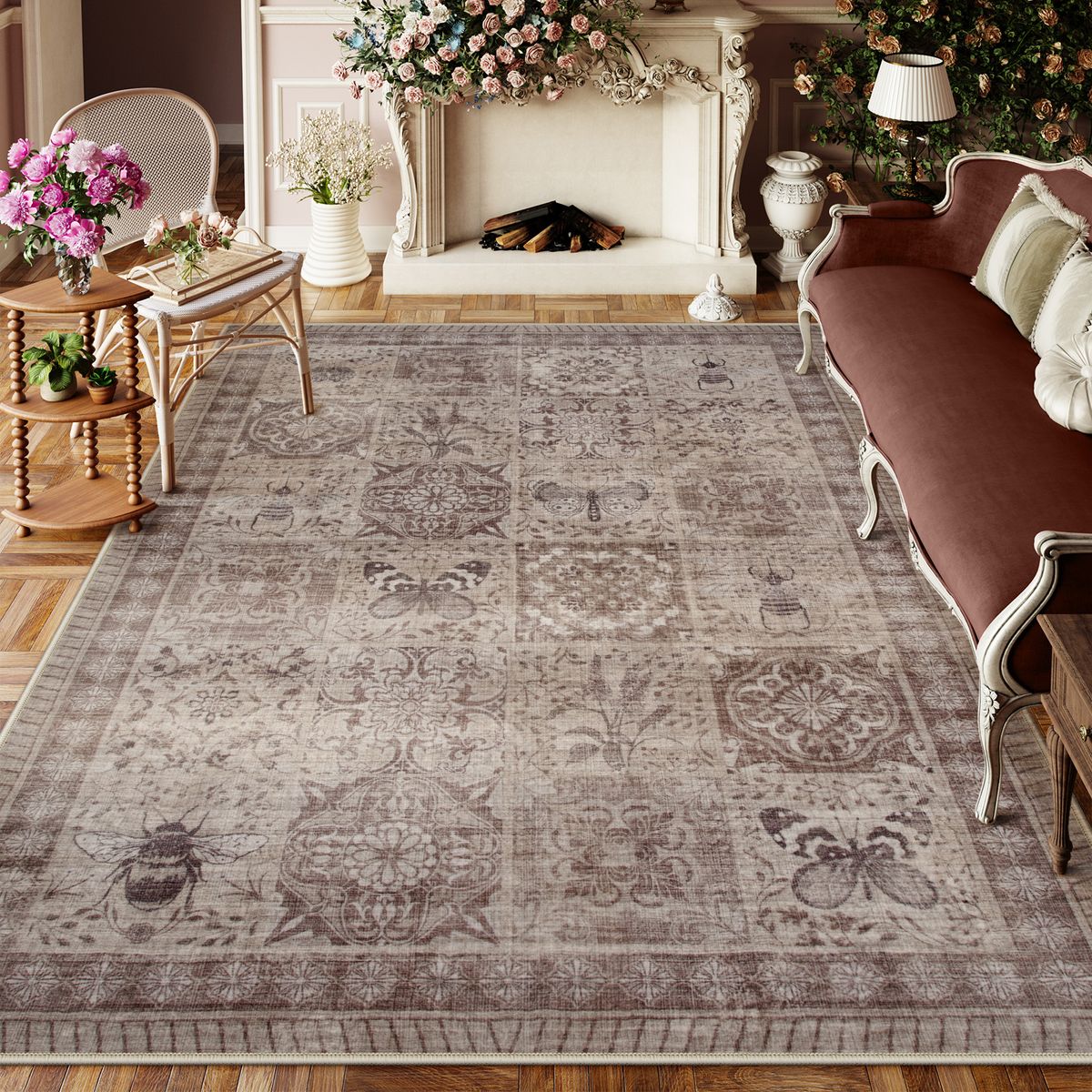 Zoe Washable Neutral Textured Vintage Insect Rose Gold Rug Area Rugs Lahome 8' x 10'