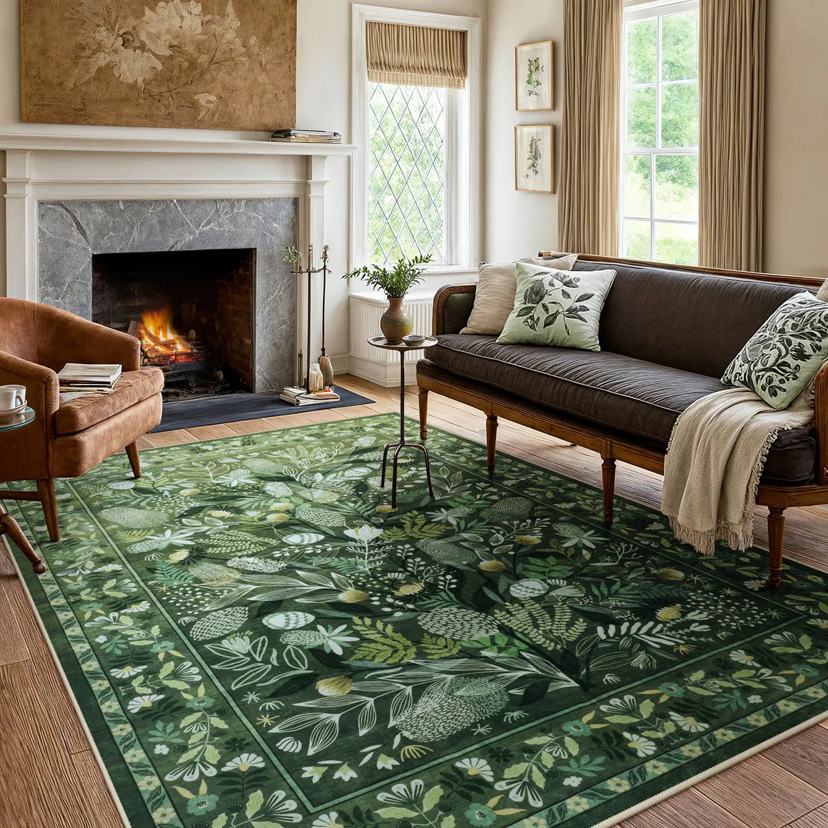 Alma Washable Modern Natural Botanical Floral Green Rug Area Rugs Lahome 5' x 7'