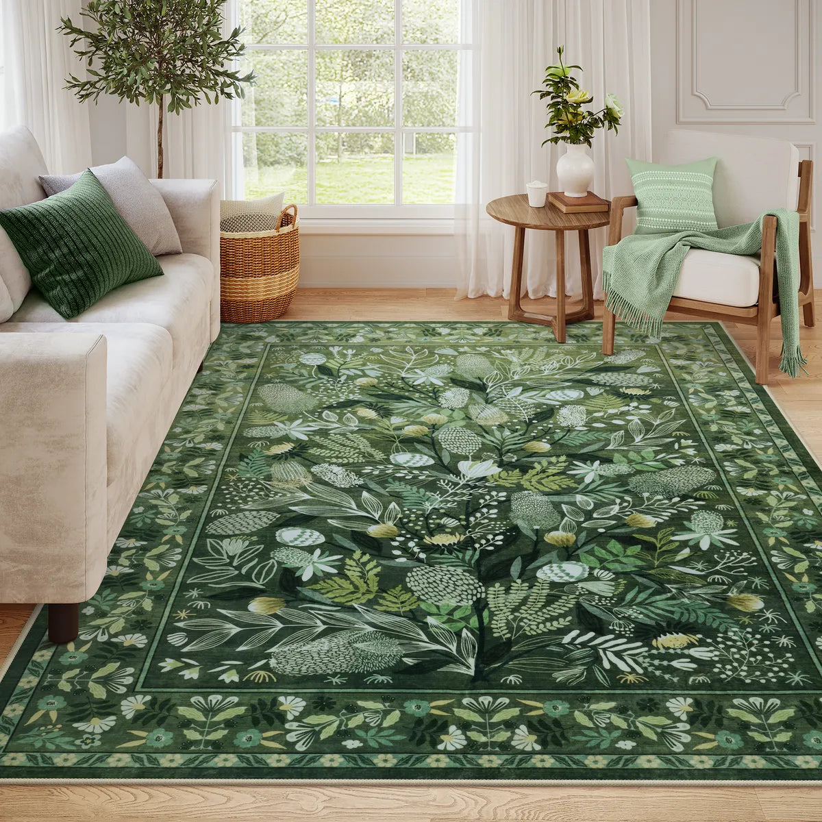 Alma Washable Modern Natural Botanical Floral Green Rug Area Rugs Lahome