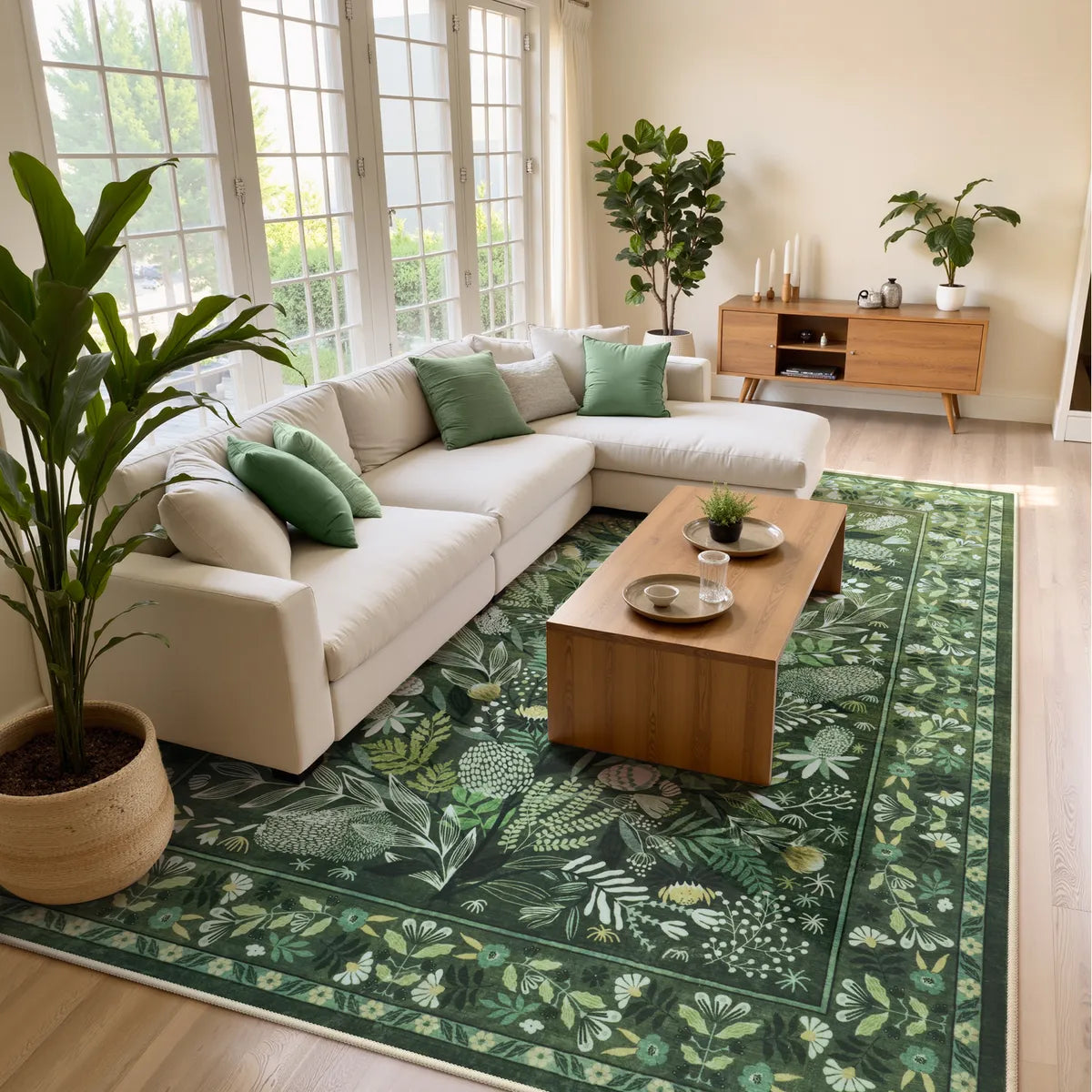 Alma Washable Modern Natural Botanical Floral Green Rug Area Rugs Lahome 8' x 10'
