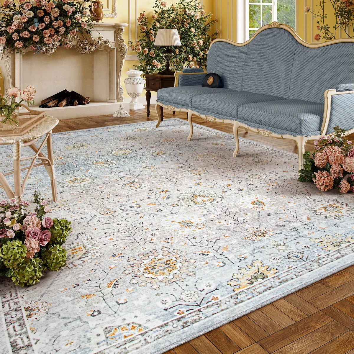 Flavie Washable Boho Modern Parisian Floral Aesthetic Blue/Grey Rug Area Rugs Lahome 8' x 10'