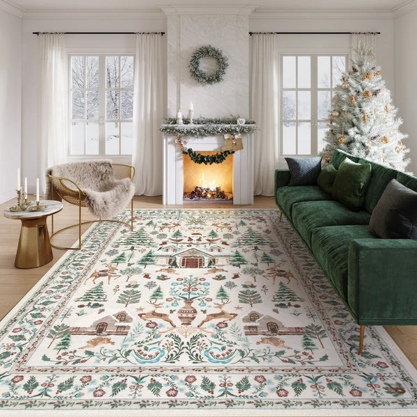 Kylian Christmas Washable Winter Snow House Beige Rug Area Rugs Lahome