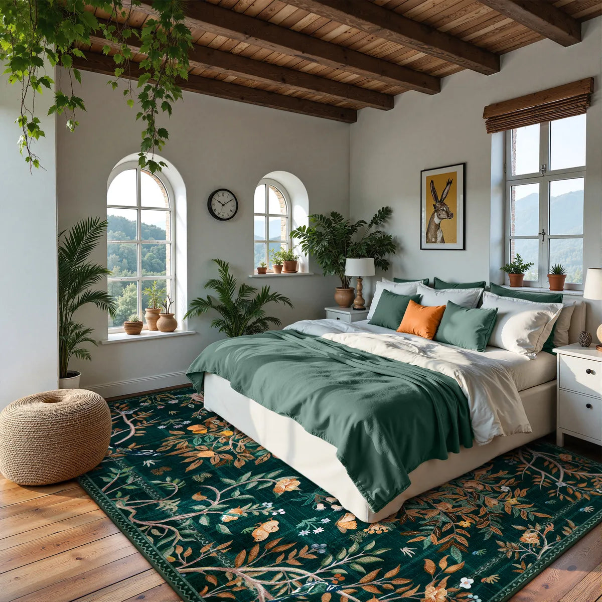 Elowen Washable Boho Forest Botanical Dark Green Rug Rugs Lahome