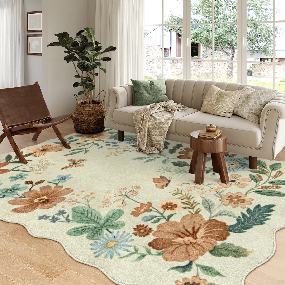 Bee Area Rug Flore Boho Modern Parisian Floral Beige Area Rug - Lahome