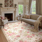 Nina Washable Romantic Vintage Floral Rose Garden Pink and Beige Rug Area Rugs Lahome