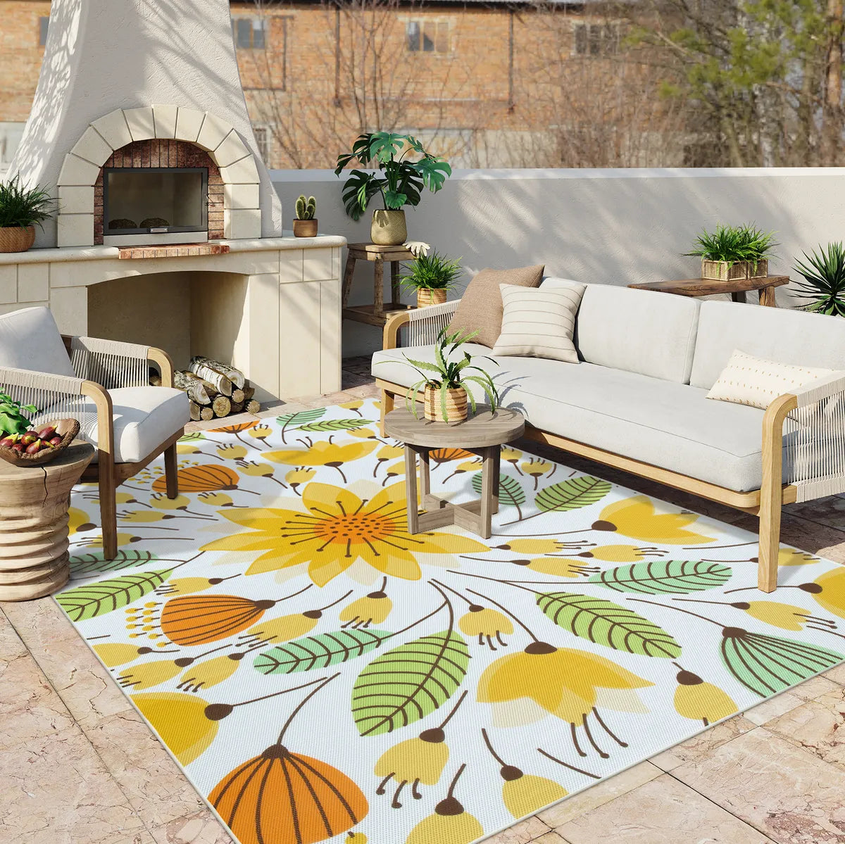 Soleil Washable Floral Yellow Indoor Outdoor Rug Outdoor Rugs Lahome 8' x 10'