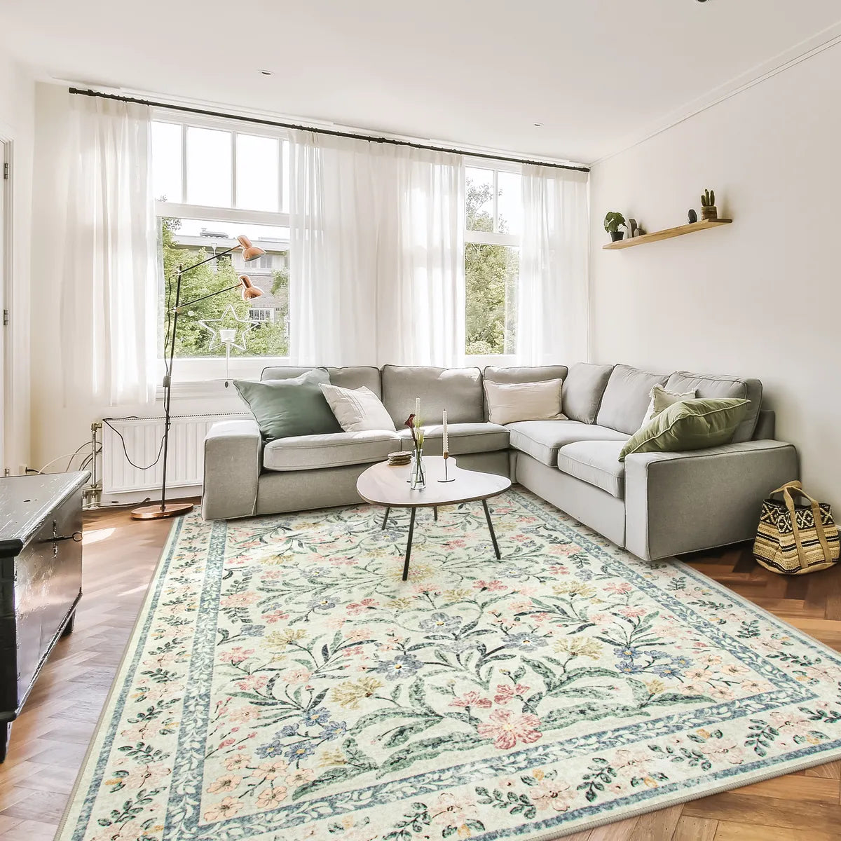 Sylvie Washable Boho Modern Parisian Garden Floral Beige Rug Area Rugs Lahome