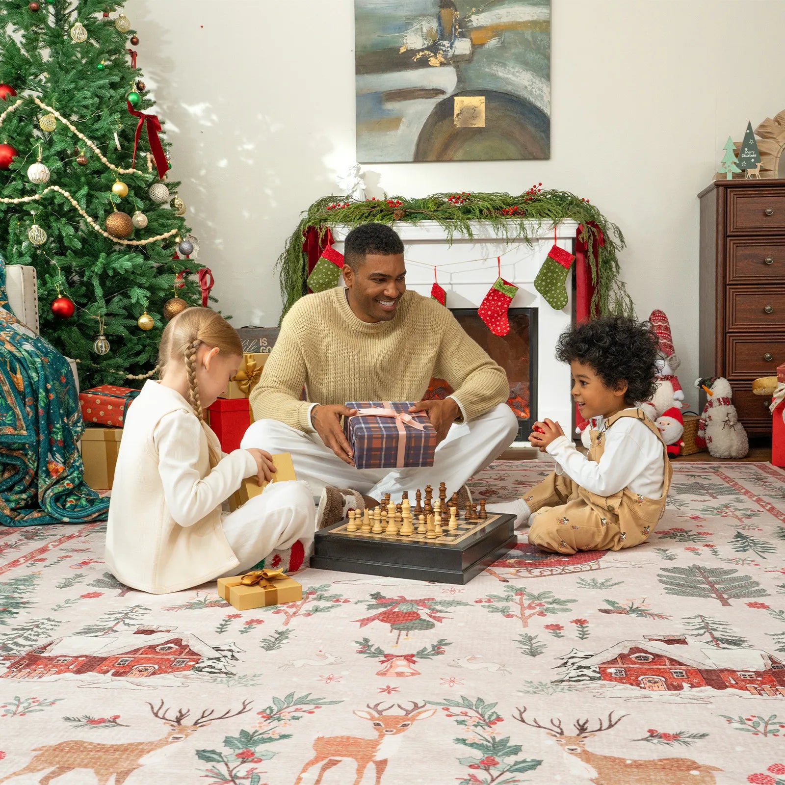 Olivier Christmas Washable Tree and Santa Beige Rug Area Rugs Lahome