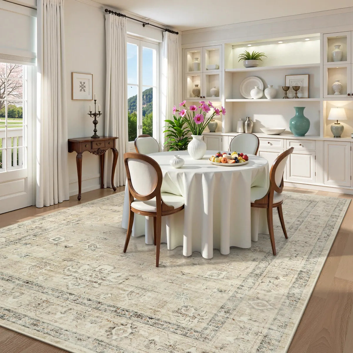 Alene Washable Vintage Medallion Floral Beige Rug Area Rugs Lahome