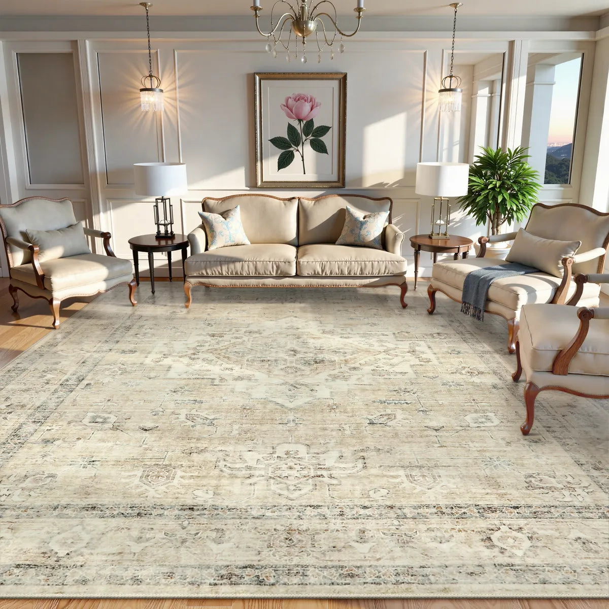 Alene Washable Vintage Medallion Floral Beige Rug Area Rugs Lahome 8' x 10'
