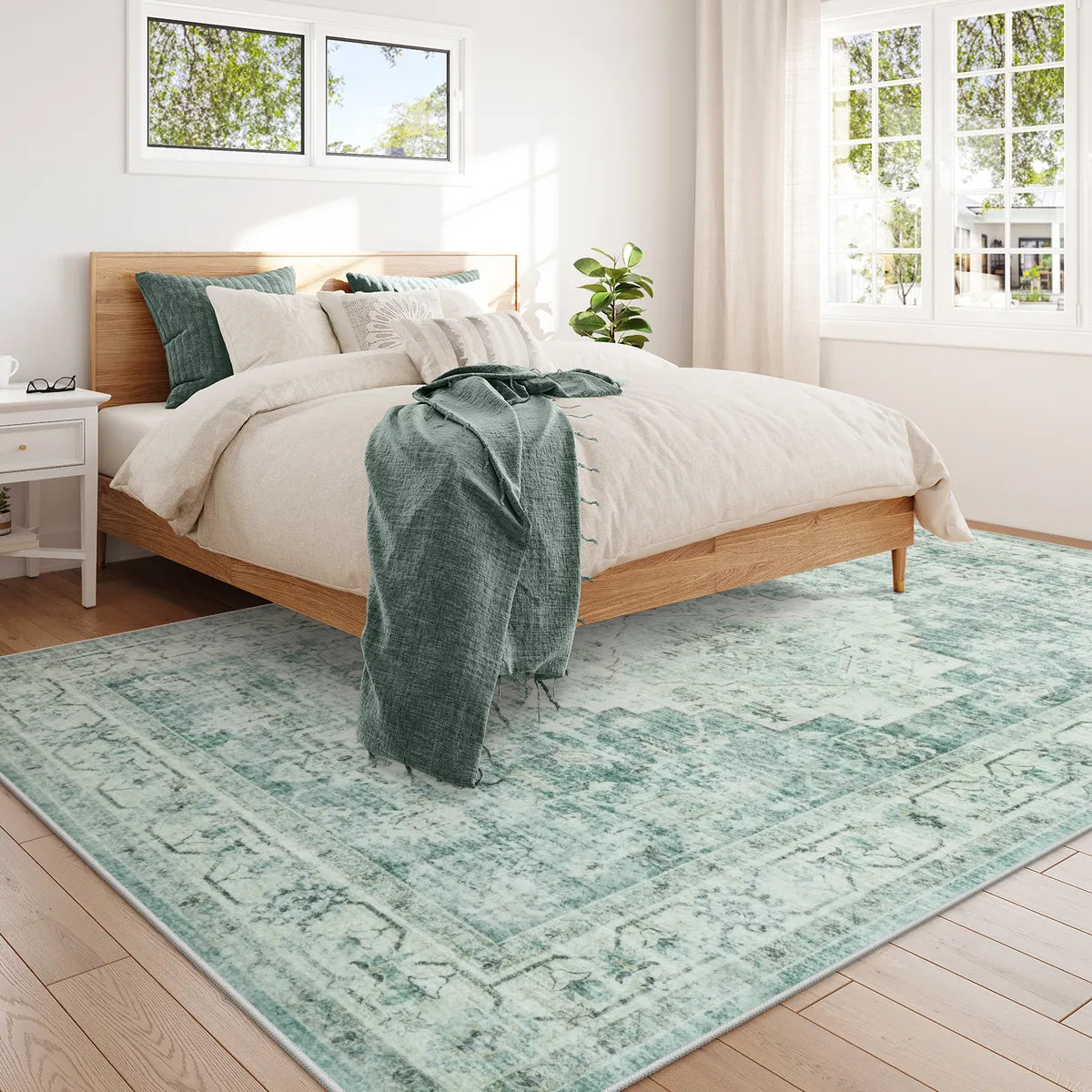 Alene Washable Vintage Medallion Floral Green Rug Area Rugs Lahome