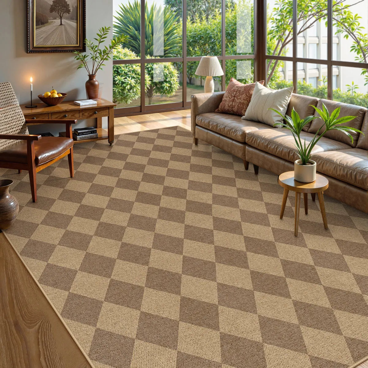 Coline Washable Geometric Checkered Easy Jute Khaki Indoor/Outdoor Rug Easy Jute Area Rug Lahome