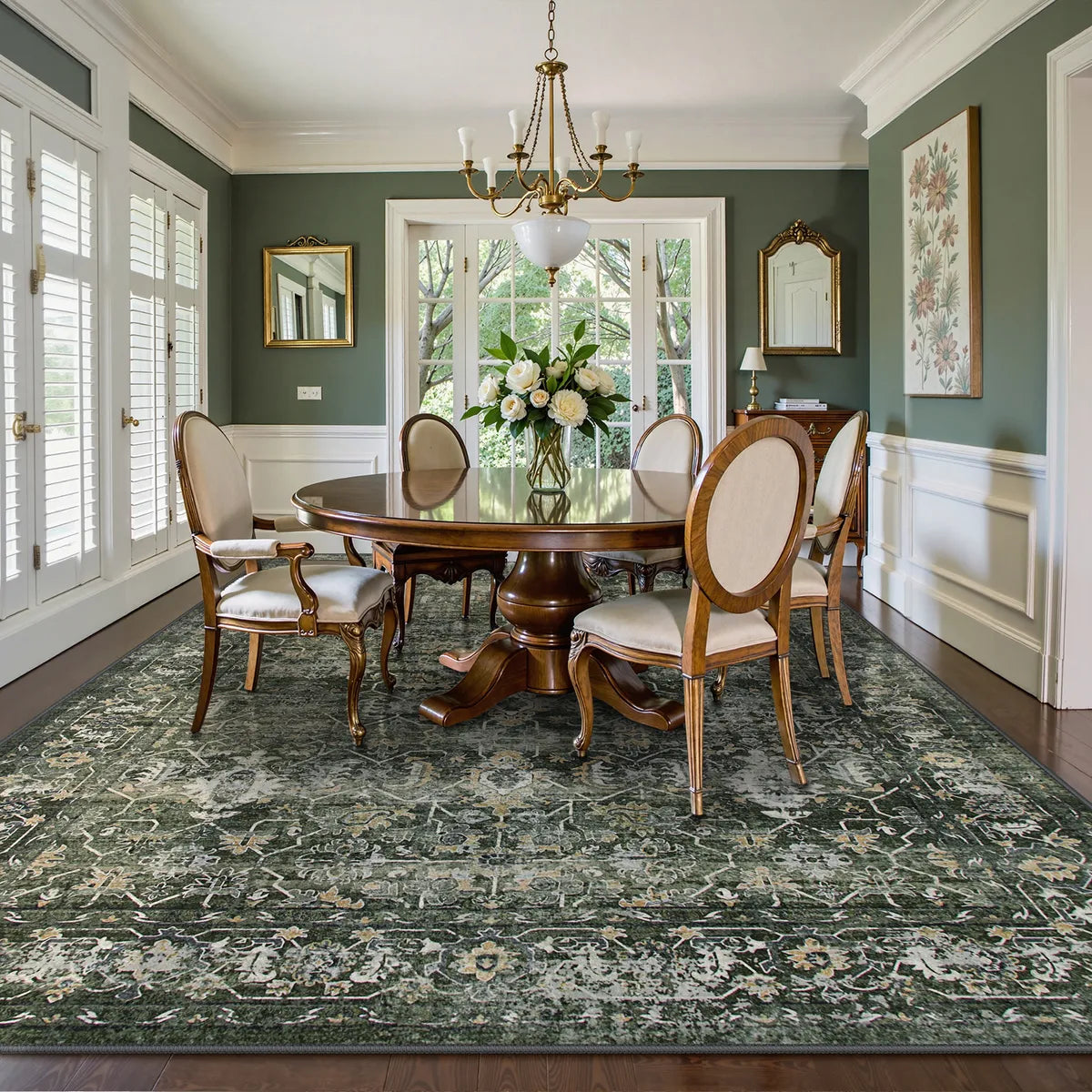 Margot Washable Vintage Distressed Dark Green Rug Area Rugs Lahome 9' x 12'