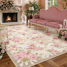 Nina Washable Romantic Vintage Floral Rose Garden Pink and Beige Rug Area Rugs Lahome 9' x 12'