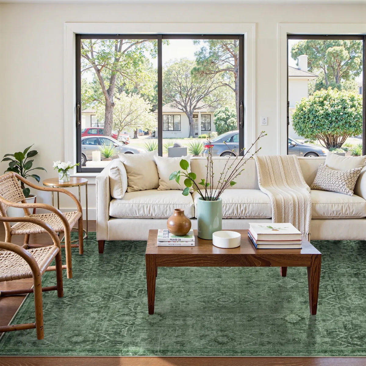 Velora Washable Vintage Dark Green Rug Area Rugs Lahome