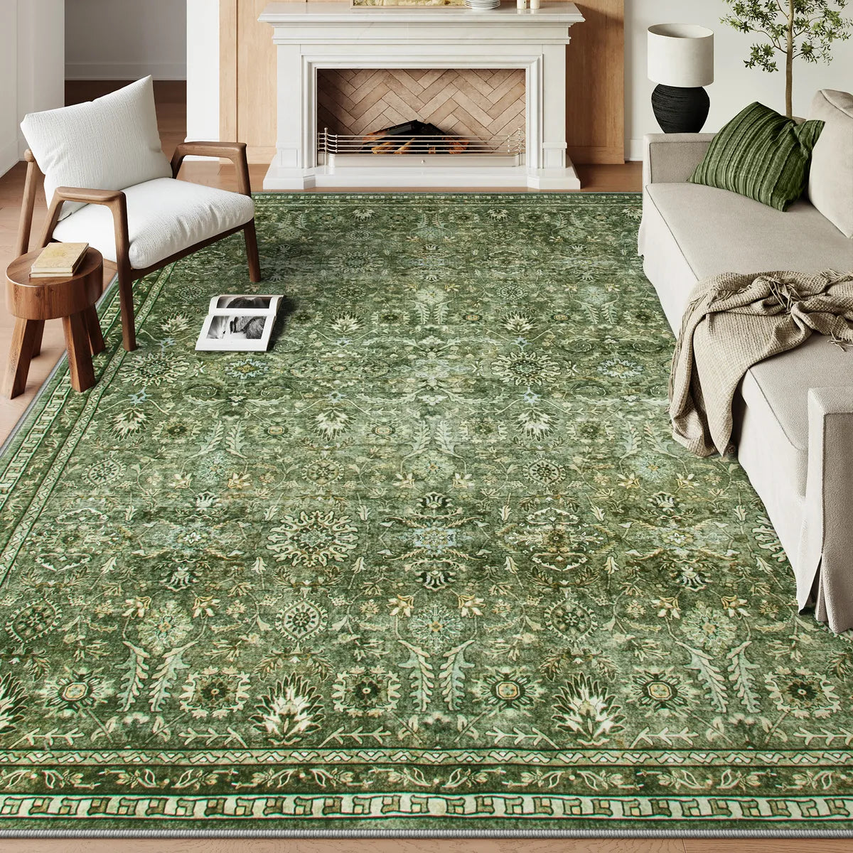 Mirae Washable Vintage Persian Moss Green Rug Area Rugs Lahome 6' x 9'