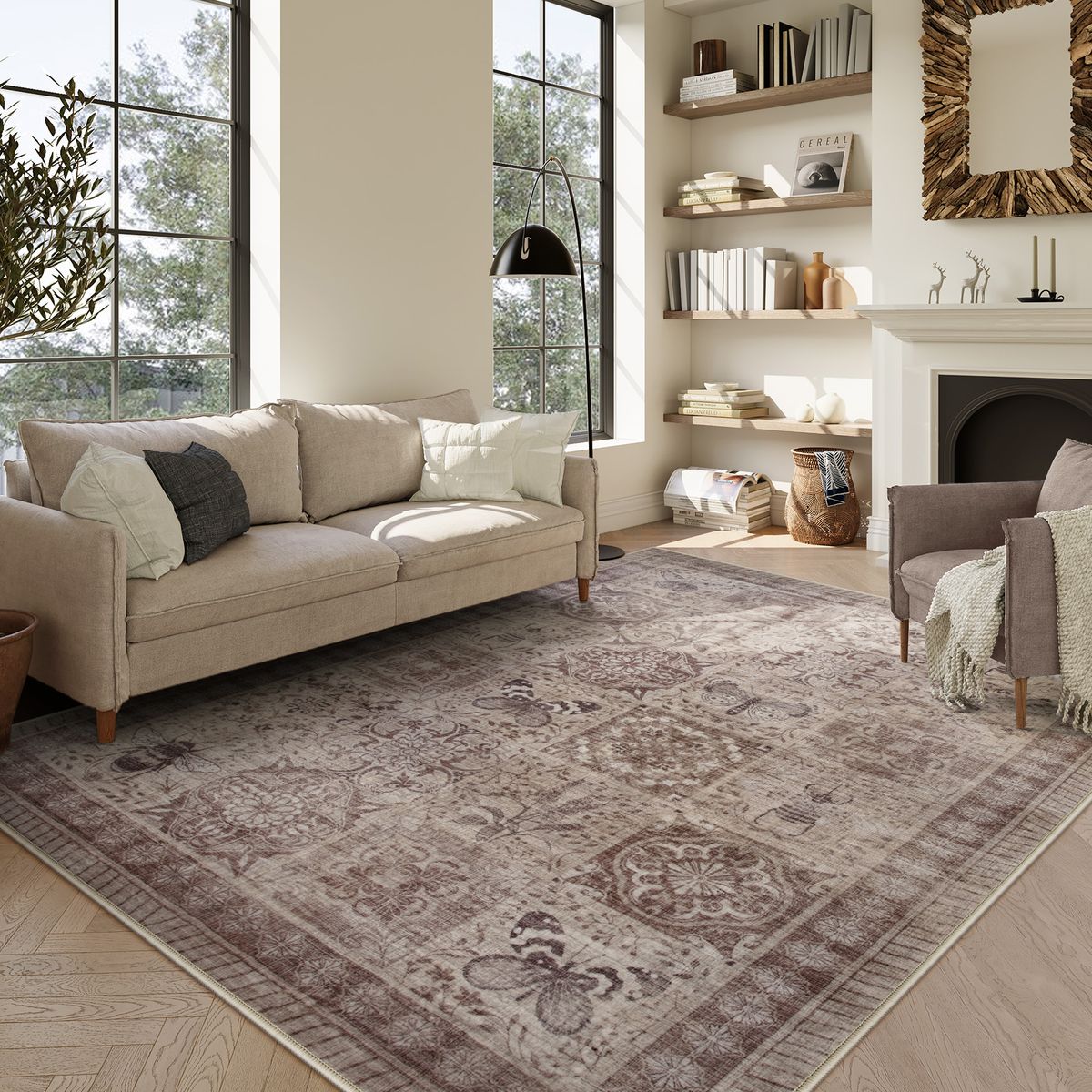 Zoe Washable Neutral Textured Vintage Insect Rose Gold Rug Area Rugs Lahome 9' x 12'